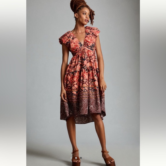 By Anthropologie Printed V-Neck Babydoll Dress - Picture 2 of 7